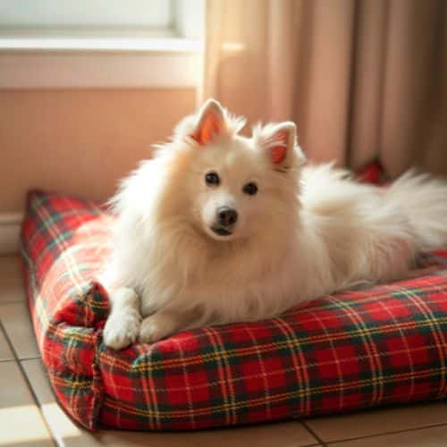 A dog relaxing on a pet bed